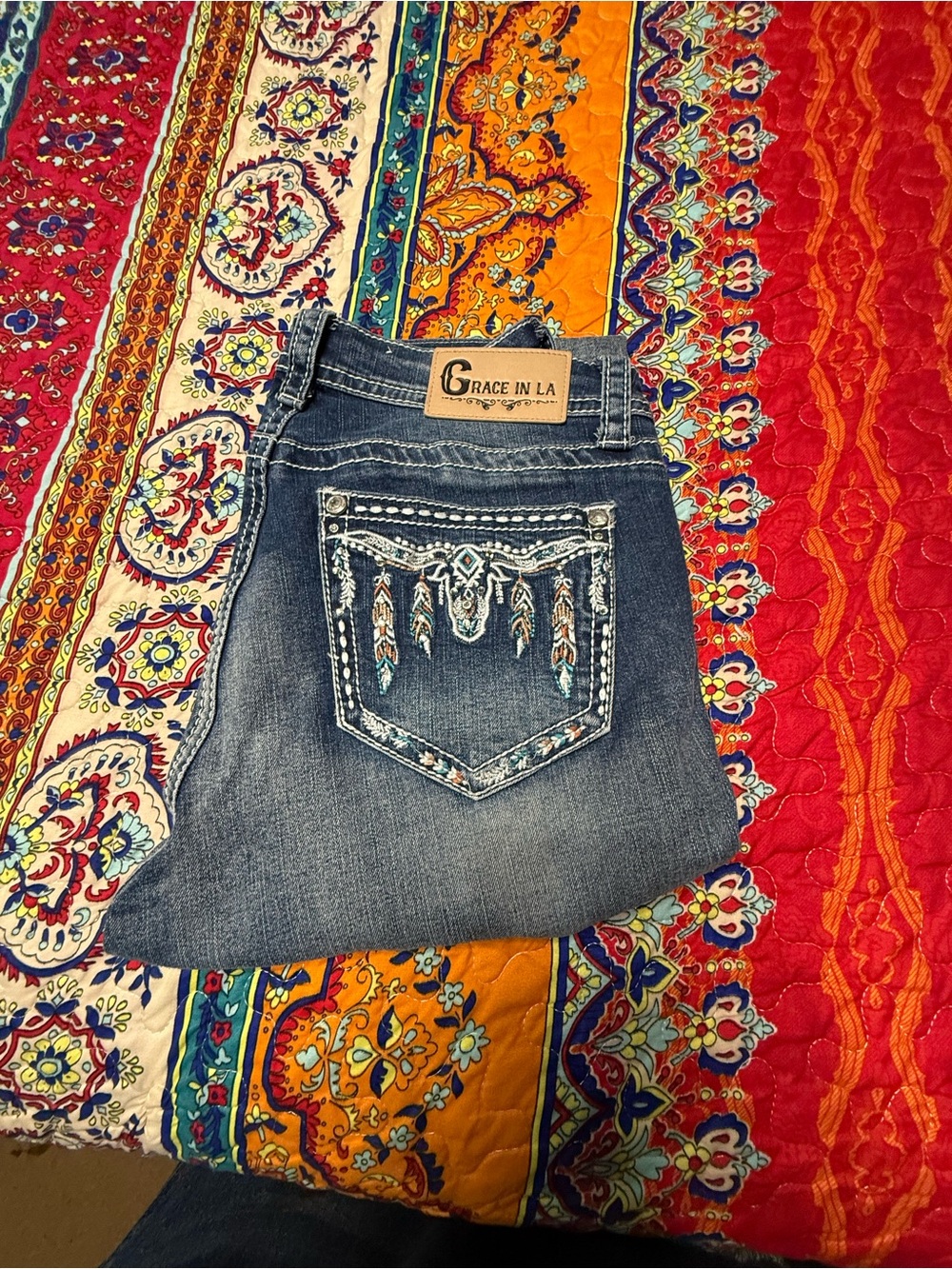 Grace in LA Dark Blue Bootcut Jeans with Embroidered Pocket